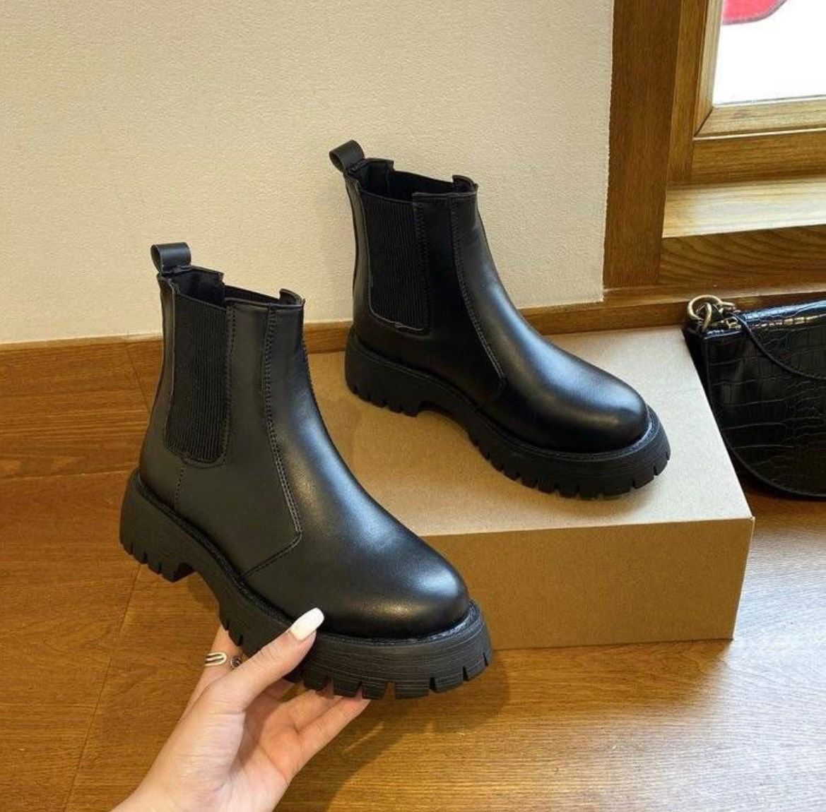 Black leather chunky-sole Chelsea boots